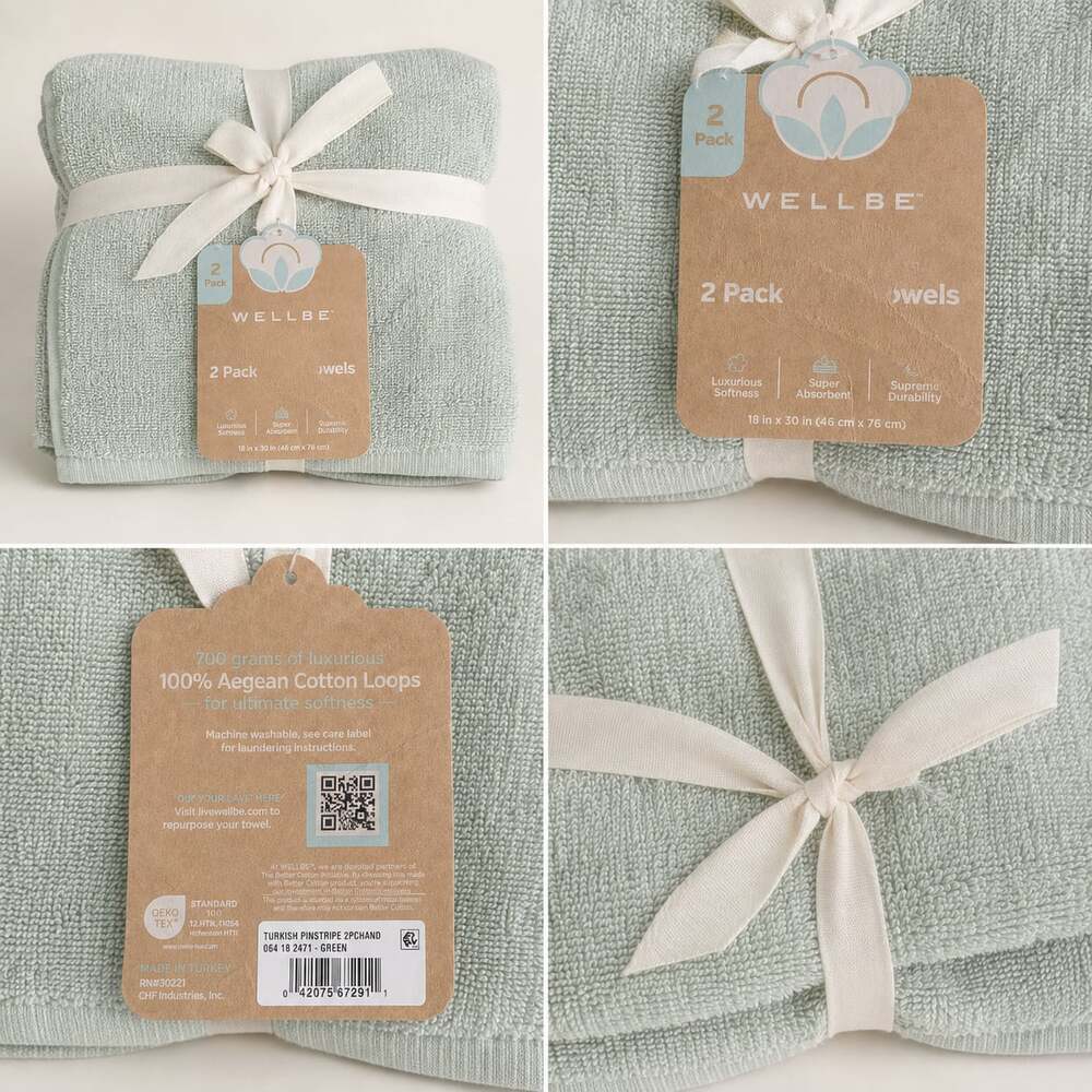 Wellbe Turkish Pinstripe Hand Towels 2 Pack 18 in x 30 in Green